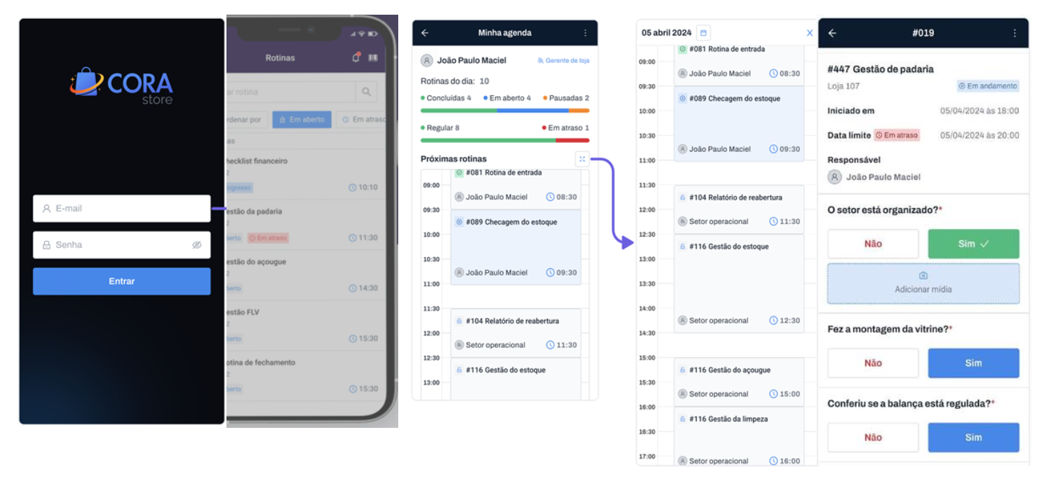 Telas do app CORA Store: login, rotinas, agenda e checklist de tarefa